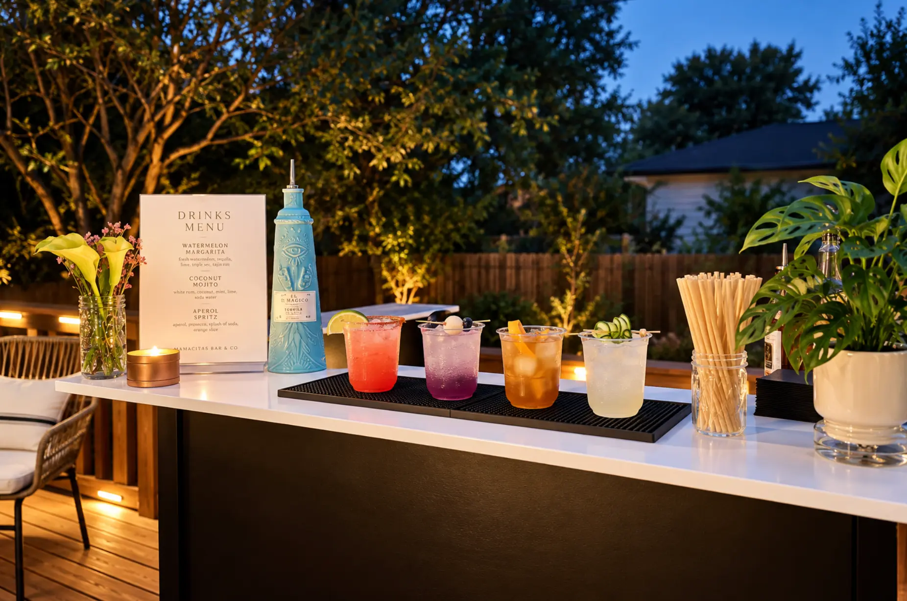 Full mobile bar setup at an outdoor evening event with cocktails lined up on the counter